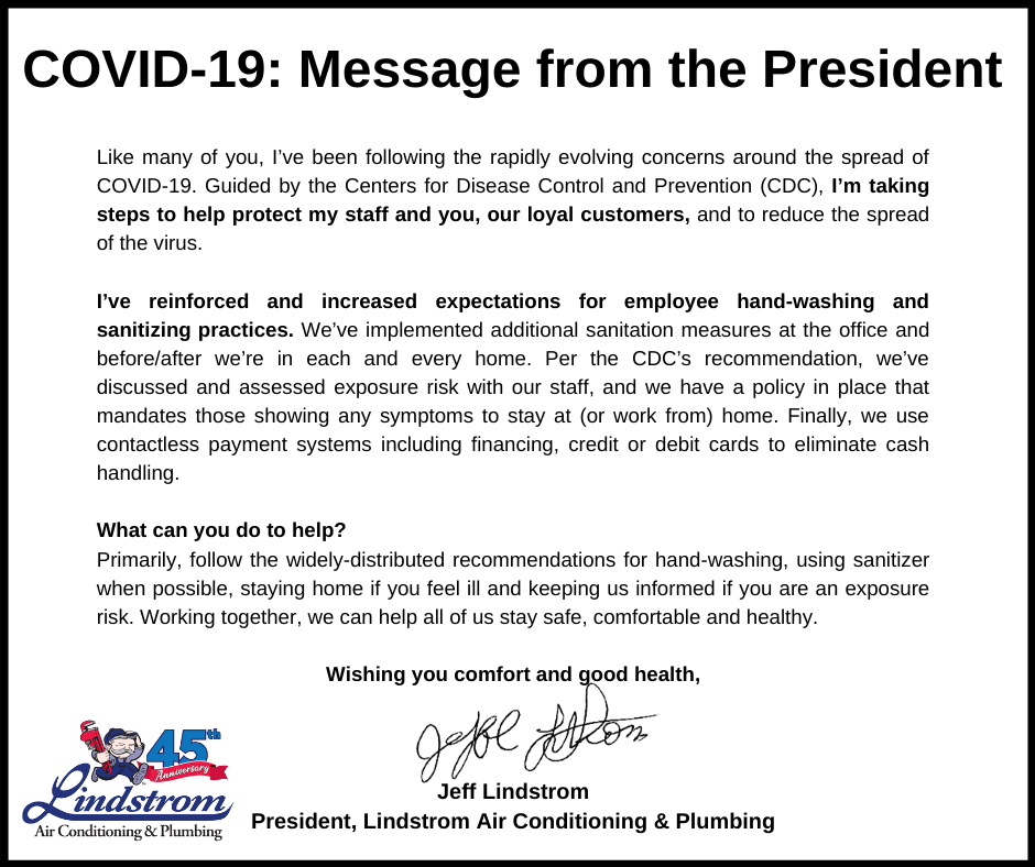 COVID-19: Message from the President - Lindstrom Air Conditioning ...